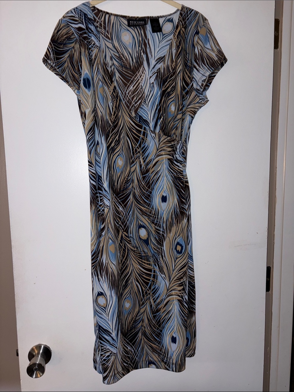 New York & Company Blue and Brown Peacock-Print Midi Dress